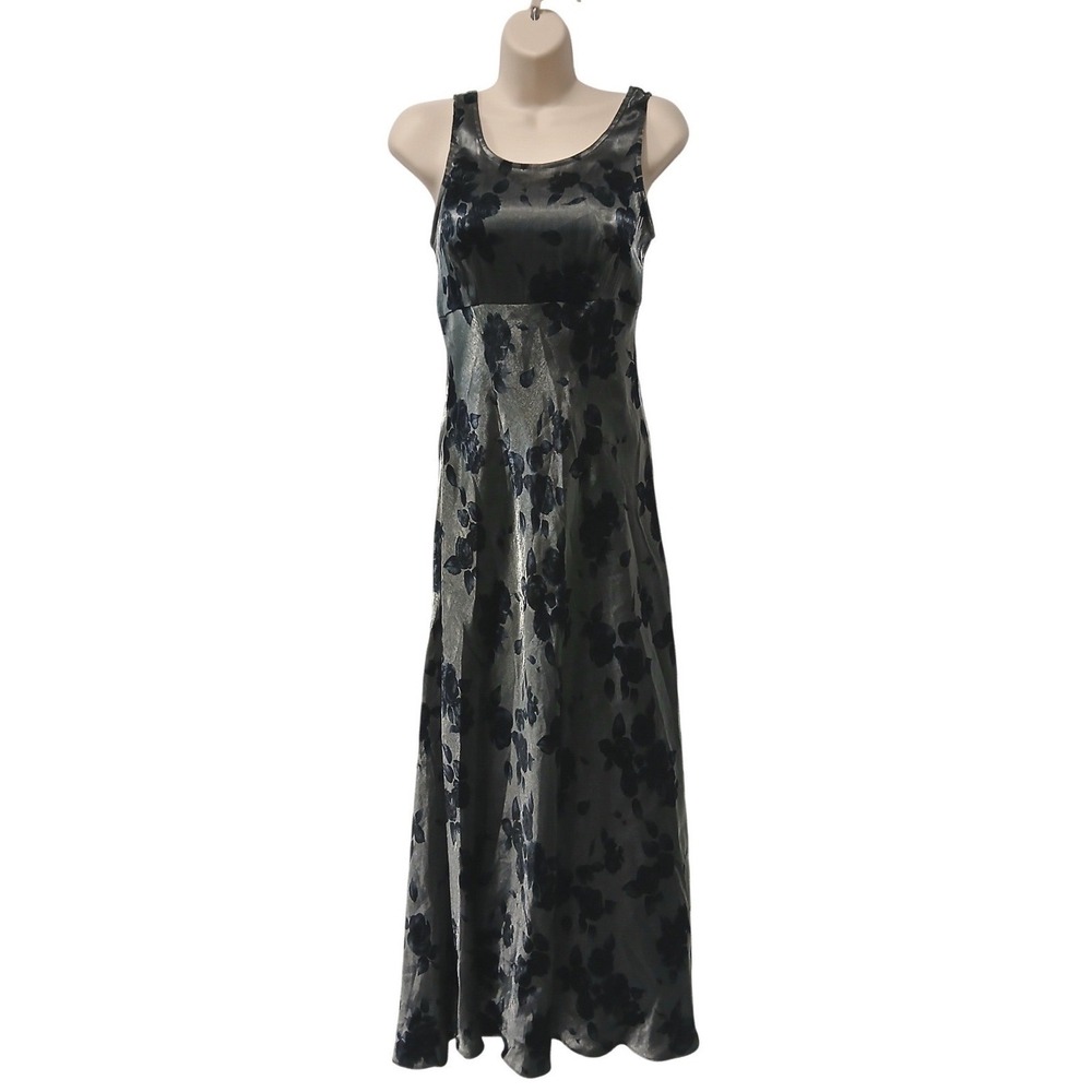 Vintage 90s Y2K Roberta Gray Floral Satin Maxi Dress Slinky Evening Empire Waist